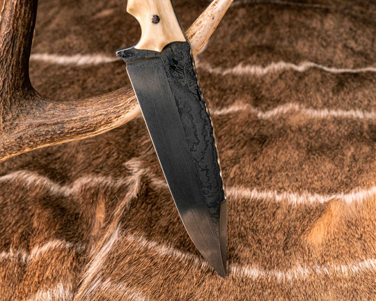 Ranch Knife- Baker Forge Wavy Pattern Damascus- Giraffe Bone, Black G10, White G10 and Brass Split, Desert Ironwood, Mosaic Pins, 3/8" Mosaic Pin, 1/8" Mosaic Pin, Brass Lanyard Pin, Textured Grip