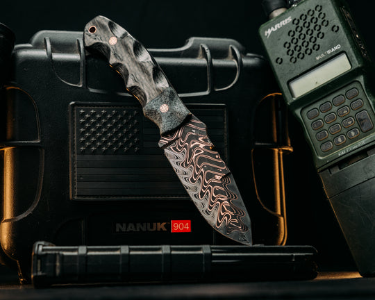 Notched Disaster Breacher- Baker Forge "Fury" Chevron CopperMai- Bead Blasted Silver Metallic GripX, High Sanded Carbon 2X Carbon Twill, Mosaic Pins, Copper Lanyard Pin, Textured Grip