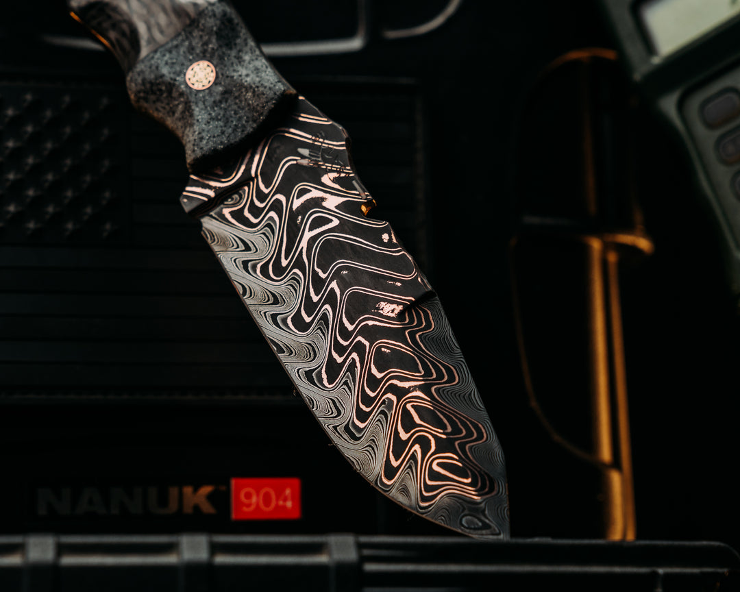 Notched Disaster Breacher- Baker Forge "Fury" Chevron CopperMai- Bead Blasted Silver Metallic GripX, High Sanded Carbon 2X Carbon Twill, Mosaic Pins, Copper Lanyard Pin, Textured Grip