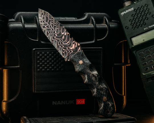 Notched Disaster Breacher- Baker Forge "Fury" Chevron CopperMai- Bead Blasted Silver Metallic GripX, High Sanded Carbon 2X Carbon Twill, Mosaic Pins, Copper Lanyard Pin, Textured Grip