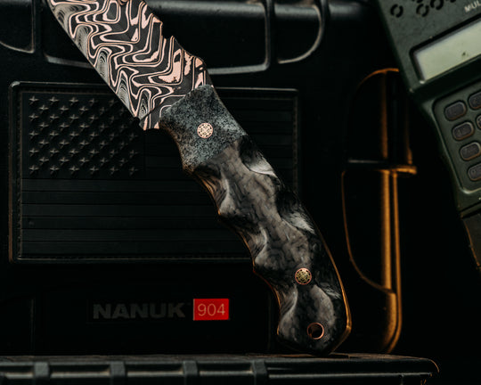 Notched Disaster Breacher- Baker Forge "Fury" Chevron CopperMai- Bead Blasted Silver Metallic GripX, High Sanded Carbon 2X Carbon Twill, Mosaic Pins, Copper Lanyard Pin, Textured Grip