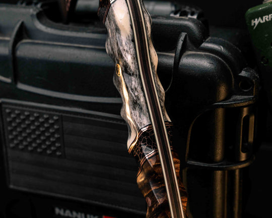 Recce Alpha Hawk- Baker Forge Random Patter CopperMai- Hawaiian Curly Koa, Black G10 and Copper Pin Striping, Dyed Giraffe Bone Split, Copper Pins, Half Face Mosaic Pin, Textured Grip