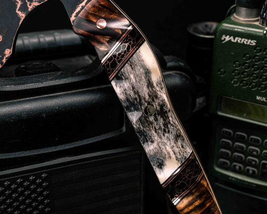 Recce Alpha Hawk- Baker Forge Random Patter CopperMai- Hawaiian Curly Koa, Black G10 and Copper Pin Striping, Dyed Giraffe Bone Split, Copper Pins, Half Face Mosaic Pin, Textured Grip