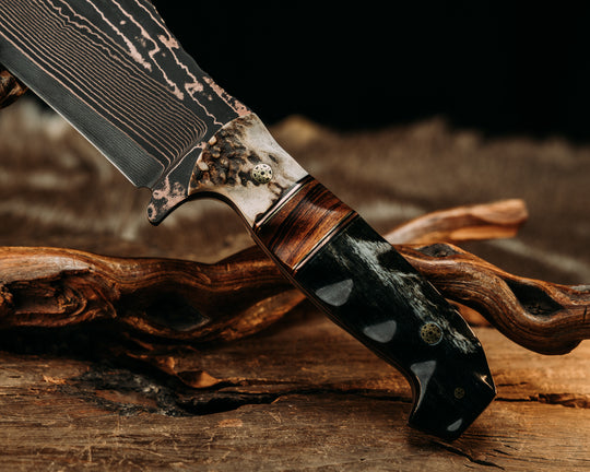 Bowie Jr- Baker Forge Wavy Pattern CopperMai- Elk Antler, Copper and Brass Pin Striping, Desert Ironwood Split, Dyed Giraffe Bone, Brass Mosaic Pins, Textured Grip