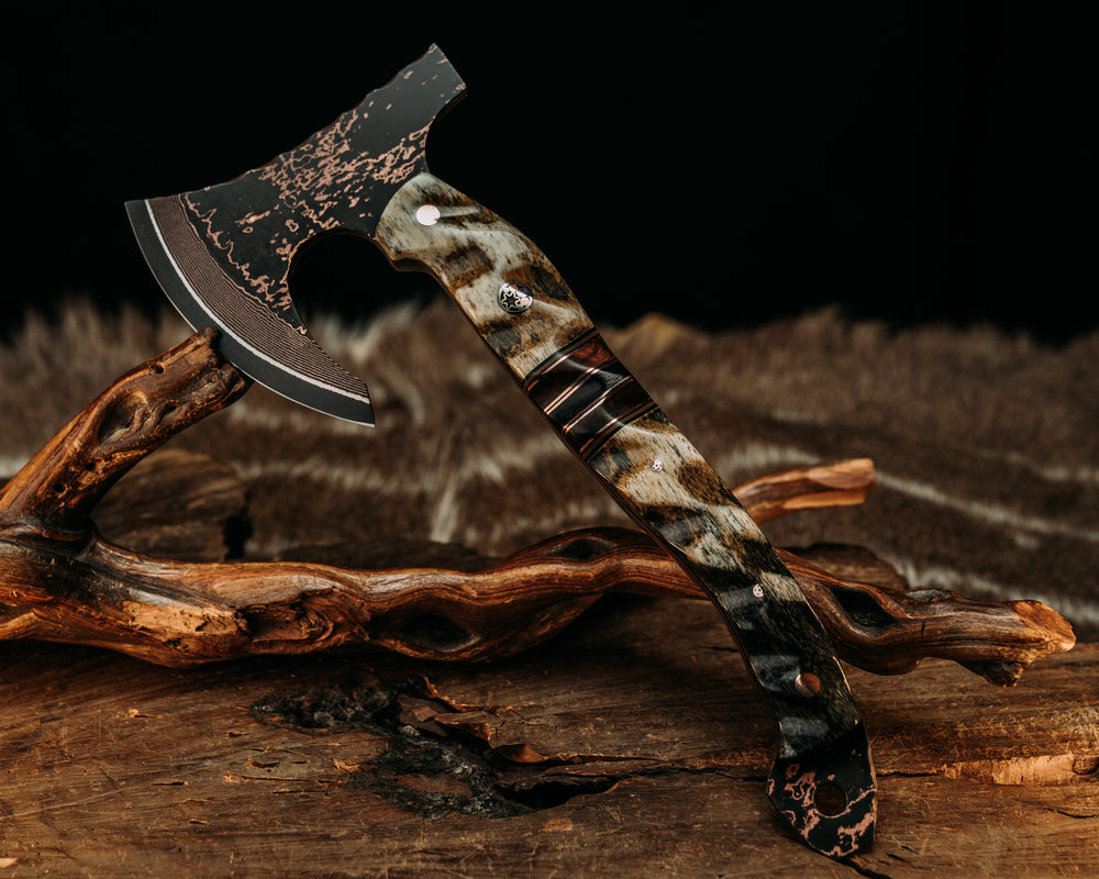 Mini Viking Hawk- Baker Forge Wavy Pattern CopperMai- Giraffe Bone, Black G10 and Coyote G10 Pin Striping, Desert Ironwood, Copper and Burlap Micarta Split, Mosaic Pins, Copper Pins, Textured Grip