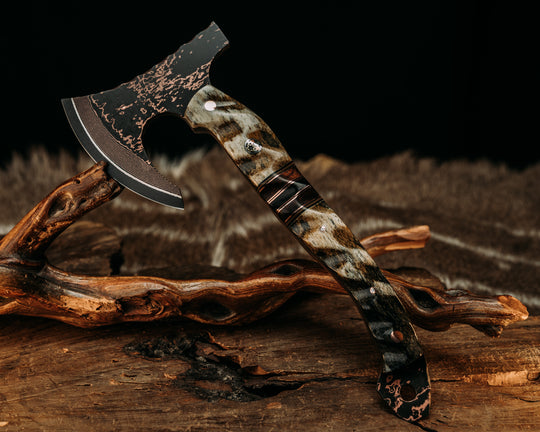 Mini Viking Hawk- Baker Forge Wavy Pattern CopperMai- Giraffe Bone, Black G10 and Coyote G10 Pin Striping, Desert Ironwood, Copper and Burlap Micarta Split, Mosaic Pins, Copper Pins, Textured Grip