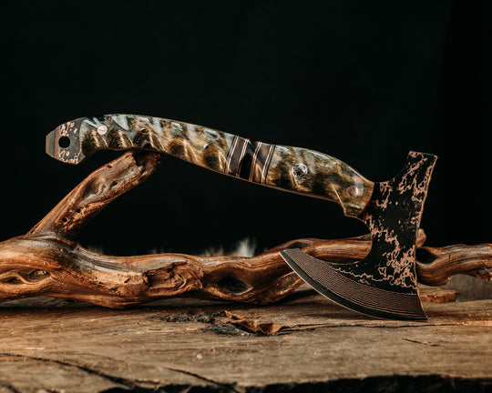Mini Viking Hawk- Baker Forge Wavy Pattern CopperMai- Giraffe Bone, Black G10 and Coyote G10 Pin Striping, Desert Ironwood, Copper and Burlap Micarta Split, Mosaic Pins, Copper Pins, Textured Grip