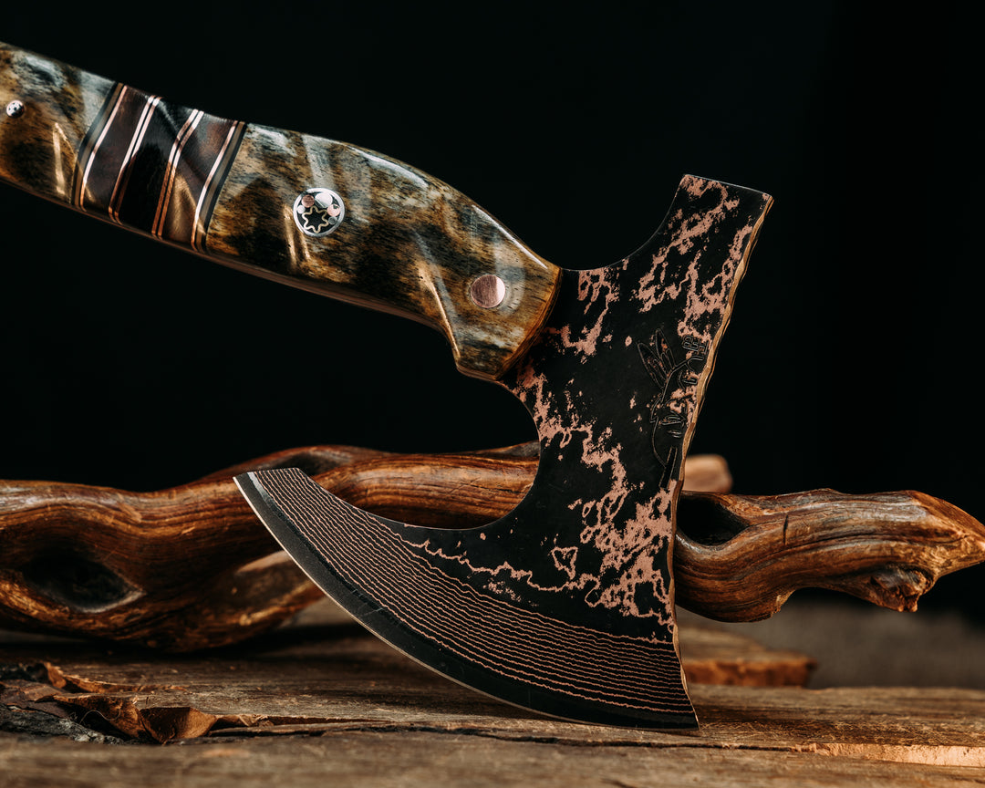 Mini Viking Hawk- Baker Forge Wavy Pattern CopperMai- Giraffe Bone, Black G10 and Coyote G10 Pin Striping, Desert Ironwood, Copper and Burlap Micarta Split, Mosaic Pins, Copper Pins, Textured Grip