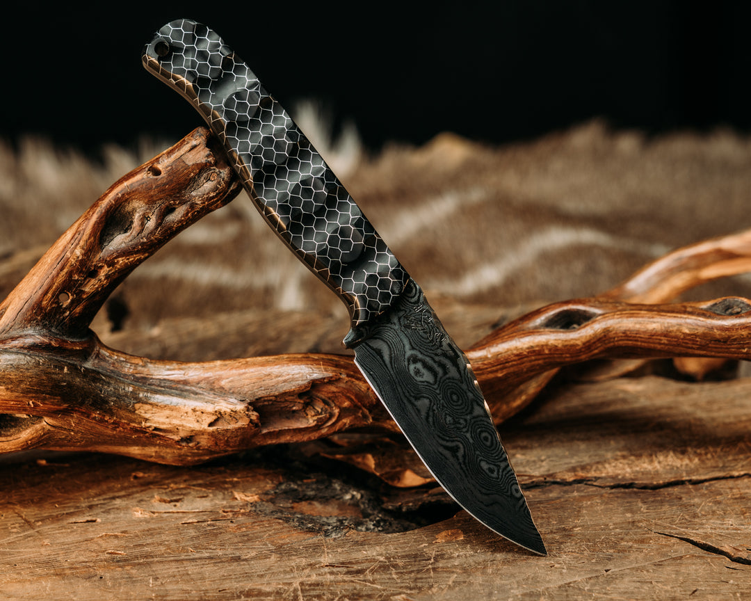 Crow Cub- Baker Forge Raindrop Pattern Damascus- OG Black C-Tek, Carbon Pins, Gator Grip