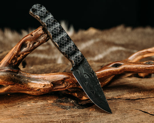 Crow Cub- Baker Forge Raindrop Pattern Damascus- OG Black C-Tek, Carbon Pins, Gator Grip