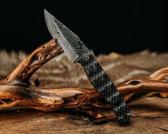 Crow Cub- Baker Forge Raindrop Pattern Damascus- OG Black C-Tek, Carbon Pins, Gator Grip
