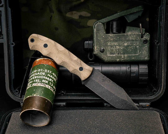 Disaster Jr Tanto- OD Green Canvas Micarta, CF Pins, CF Lanyard Pin, Textured Grip