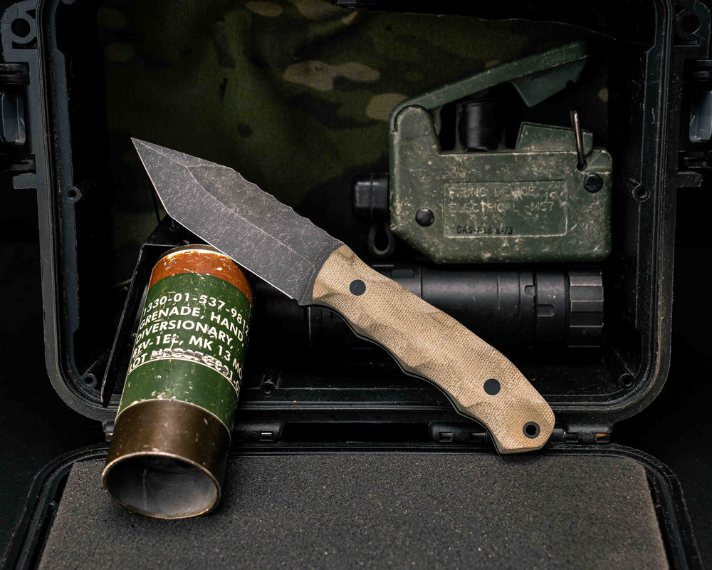Disaster Jr Tanto- OD Green Canvas Micarta, CF Pins, CF Lanyard Pin, Textured Grip