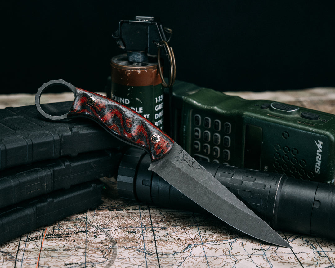 Osoraku 4"- Carbon, Burlap and Red Resin, Mosaic Pins, Grooved Grip