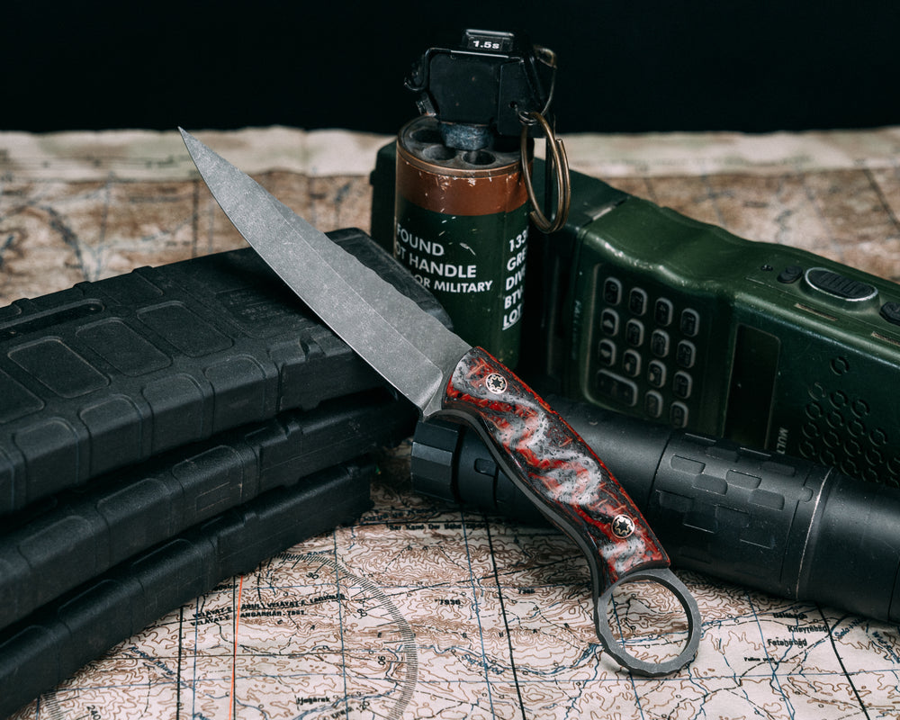 Osoraku 4"- Carbon, Burlap and Red Resin, Mosaic Pins, Grooved Grip