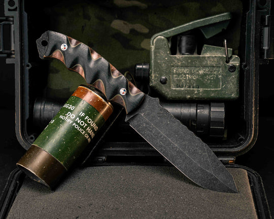 Disaster Breacher- Black Burlap Micarta Over OD Green G10 and Redwood Burl, Patriot Mosaic Pins, Textured Grip