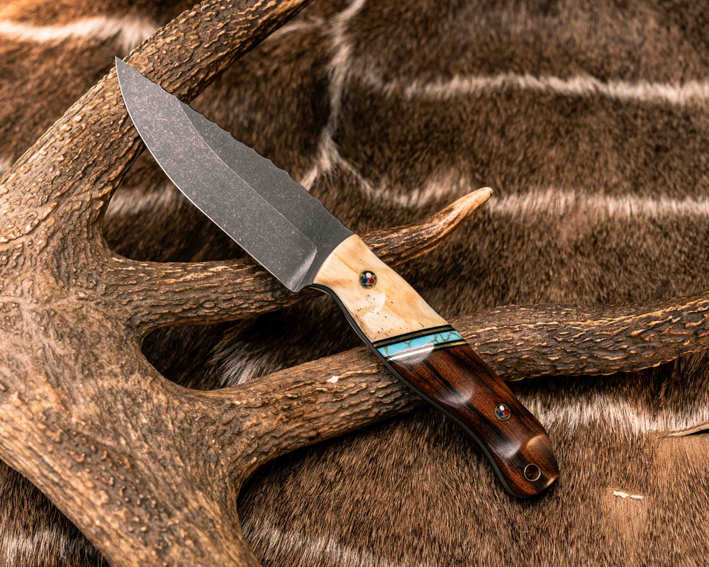 Crow Jr- Giraffe Bone, Black G10 and Brass Pin Striping, Turquoise with Gold Web, Desert Ironwood, Patriot Mosaic Pins, Brass Lanyard Pin, Textured Grip