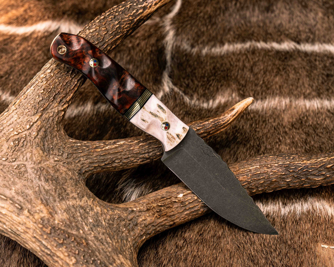Crow Jr- Elk Antler, Black G10 and Brass Split, Rare Orange Heart, Patriot Mosaic Pins, Brass Lanyard Pin, Textured Grip