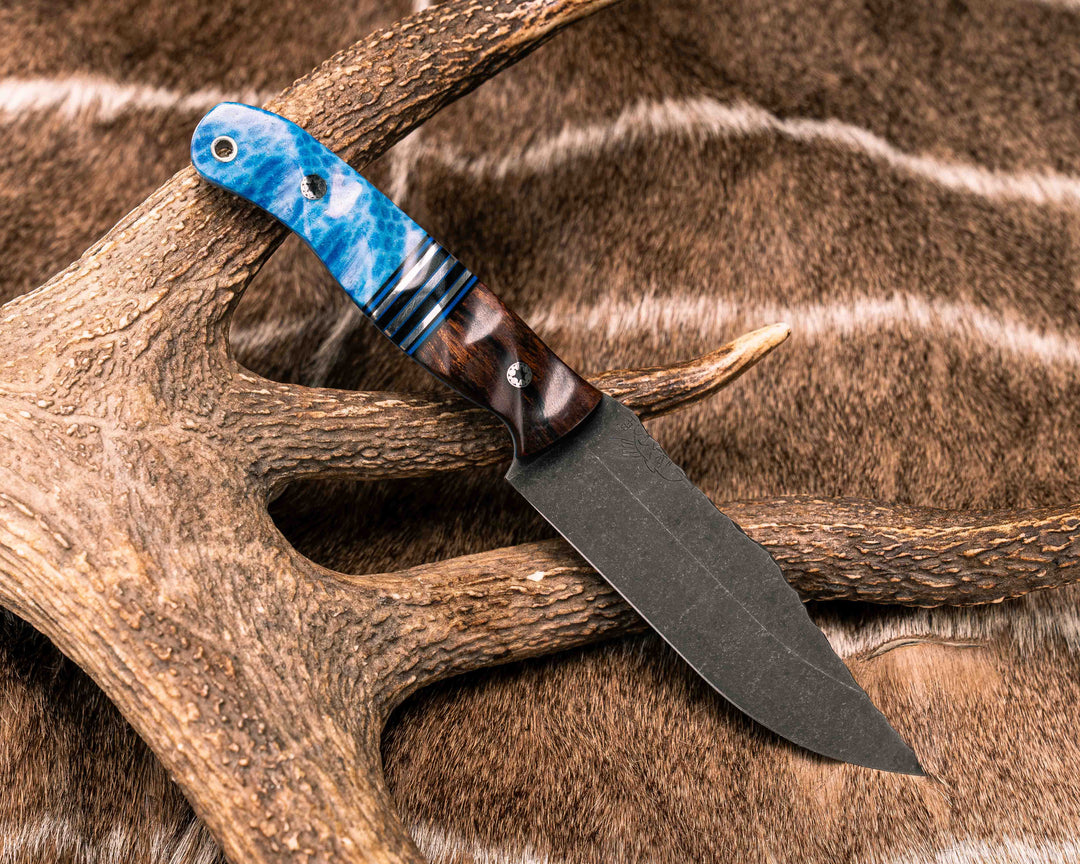 Crow Scout- Desert Ironwood, Black G10, Blue G10 and Aluminum Split, Dyed Coral, Mosaic Pins, Aluminum Lanyard Pin, Textured Grip