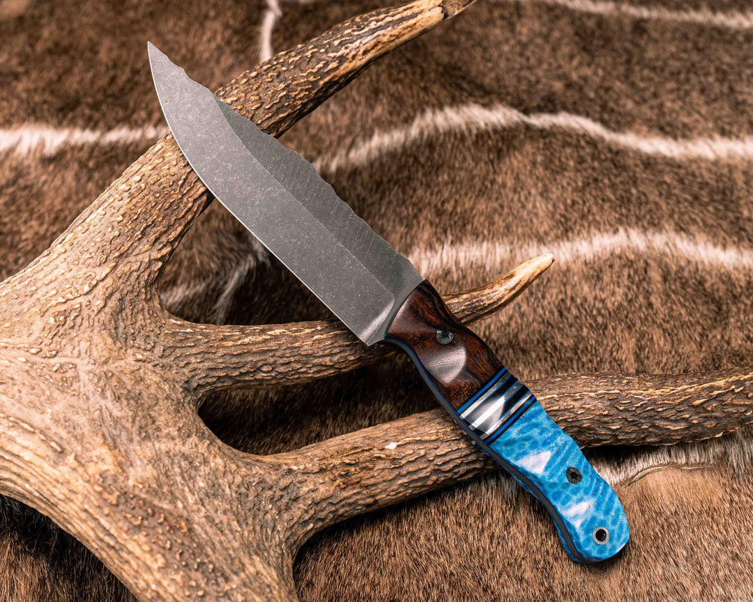 Crow Scout- Desert Ironwood, Black G10, Blue G10 and Aluminum Split, Dyed Coral, Mosaic Pins, Aluminum Lanyard Pin, Textured Grip