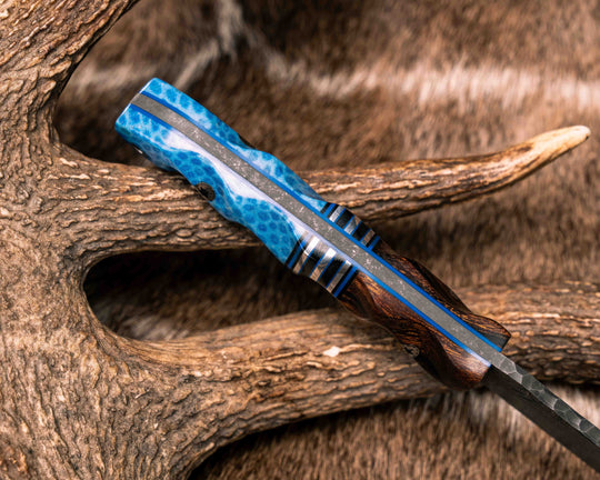 Crow Scout- Desert Ironwood, Black G10, Blue G10 and Aluminum Split, Dyed Coral, Mosaic Pins, Aluminum Lanyard Pin, Textured Grip