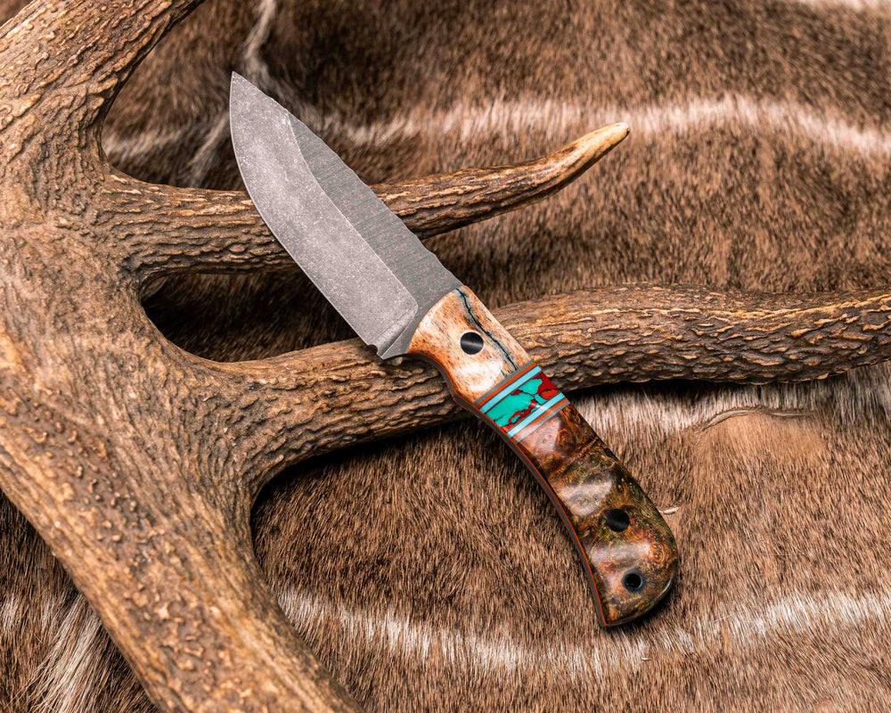 Cav Jr- Dyed Giraffe Bone, Grey G10, Orange G10 and Tiffany Blue G10 Pin Striping, Sonoran Sunset Tru-stone Split, Dyed Amboyna, CF Pins, CF Lanyard Pin, Textured Grip