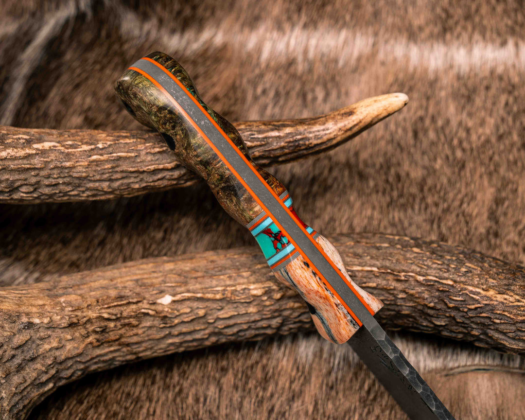 Cav Jr- Dyed Giraffe Bone, Grey G10, Orange G10 and Tiffany Blue G10 Pin Striping, Sonoran Sunset Tru-stone Split, Dyed Amboyna, CF Pins, CF Lanyard Pin, Textured Grip