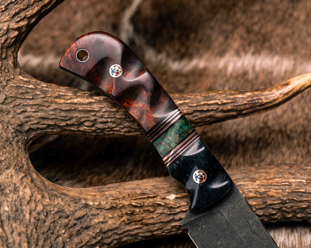 Cav Jr- Dyed Giraffe Bone, Copper and Black G10 Pin Striping, Dyed Buckeye Split, Afzelia Burl, Copper Patriot Mosaic Pins, Textured Grip