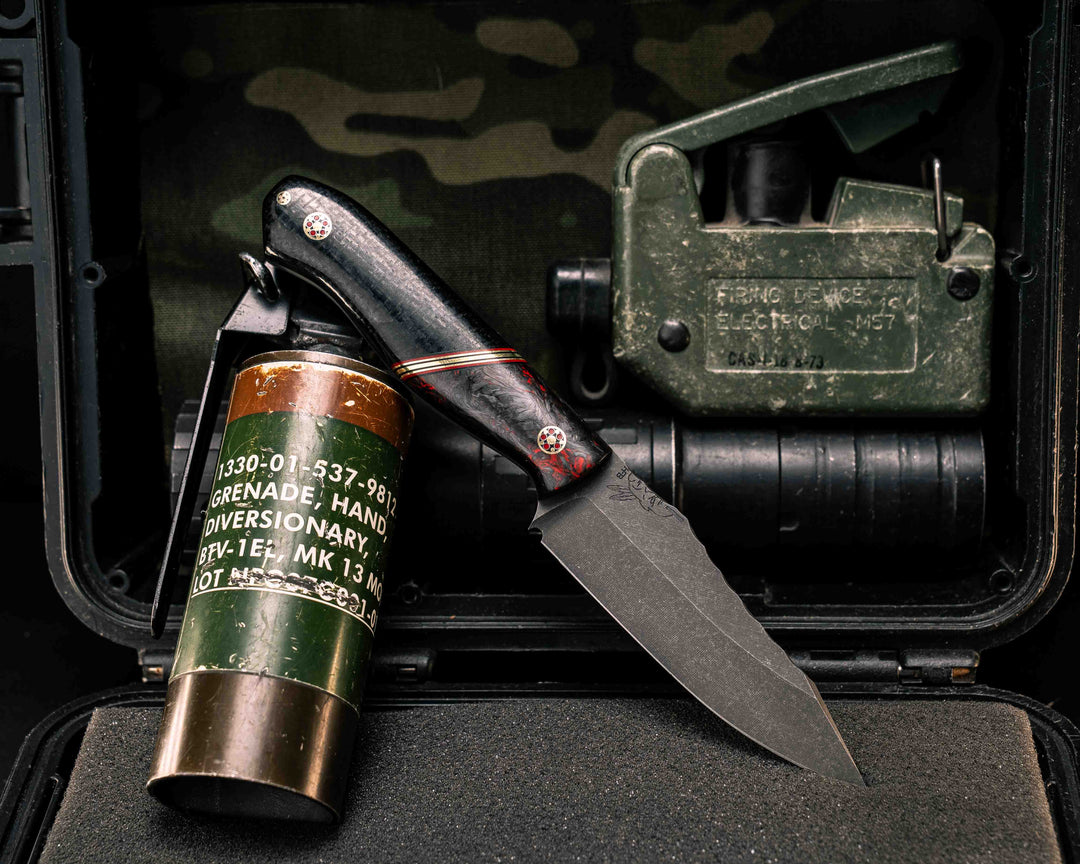 Field Knife Jr- Red Dark Matter Carbon, Black G10, Cherry G10 and Brass Split, Black Burlap Micarta, Mosaic Pins, 1/8" Mosaic Pins, Smooth Grip