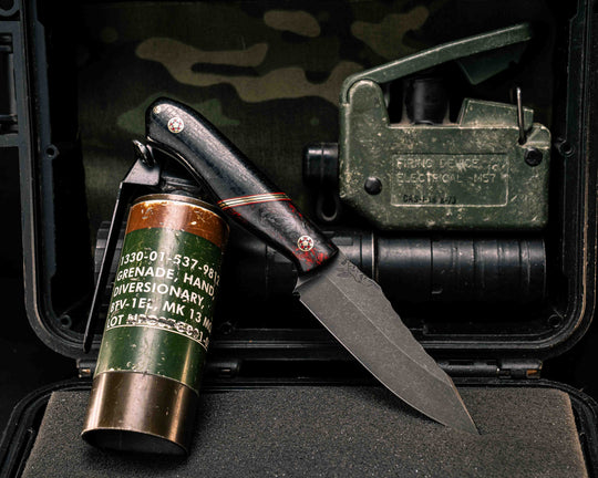 Field Knife Jr- Red Dark Matter Carbon, Black G10, Cherry G10 and Brass Split, Black Burlap Micarta, Mosaic Pins, 1/8" Mosaic Pins, Smooth Grip