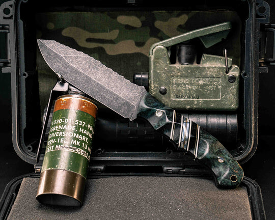 Disaster Breacher- Dyed Amoeba, Black G10, White G10 and Brass Pin Striping, Black Canvas Micarta and Aluminum Split, Mosaic Pins, Brass Lanyard Pin, Textured Grip