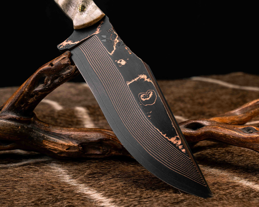 Bowie Jr.- Baker Forge Wavy Pattern CopperMai- Elk Antler, Mosaic Pins, Textured Grip