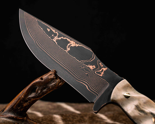 Bowie Jr.- Baker Forge Wavy Pattern CopperMai- Elk Antler, Mosaic Pins, Textured Grip