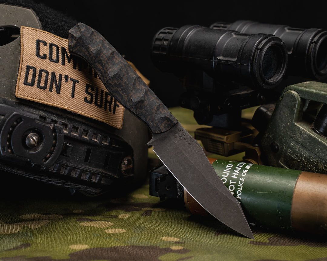 Field Knife Jr - Brown Burlap Micarta, CF Pins, Chaos Grip