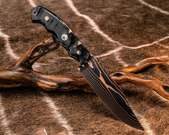 Crow Scout- Vegas Forge Random Patter Copper SanMai- Rams Horn, Mosaic Pins, 3/8" Mosaic Pin, Copper Lanyard Pin, Natural Grip
