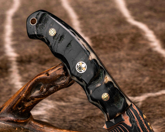 Crow Scout- Vegas Forge Random Patter Copper SanMai- Rams Horn, Mosaic Pins, 3/8" Mosaic Pin, Copper Lanyard Pin, Natural Grip
