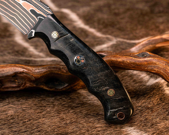 Crow Scout- Vegas Forge Random Patter Copper SanMai- Rams Horn, Mosaic Pins, 3/8" Mosaic Pin, Copper Lanyard Pin, Natural Grip