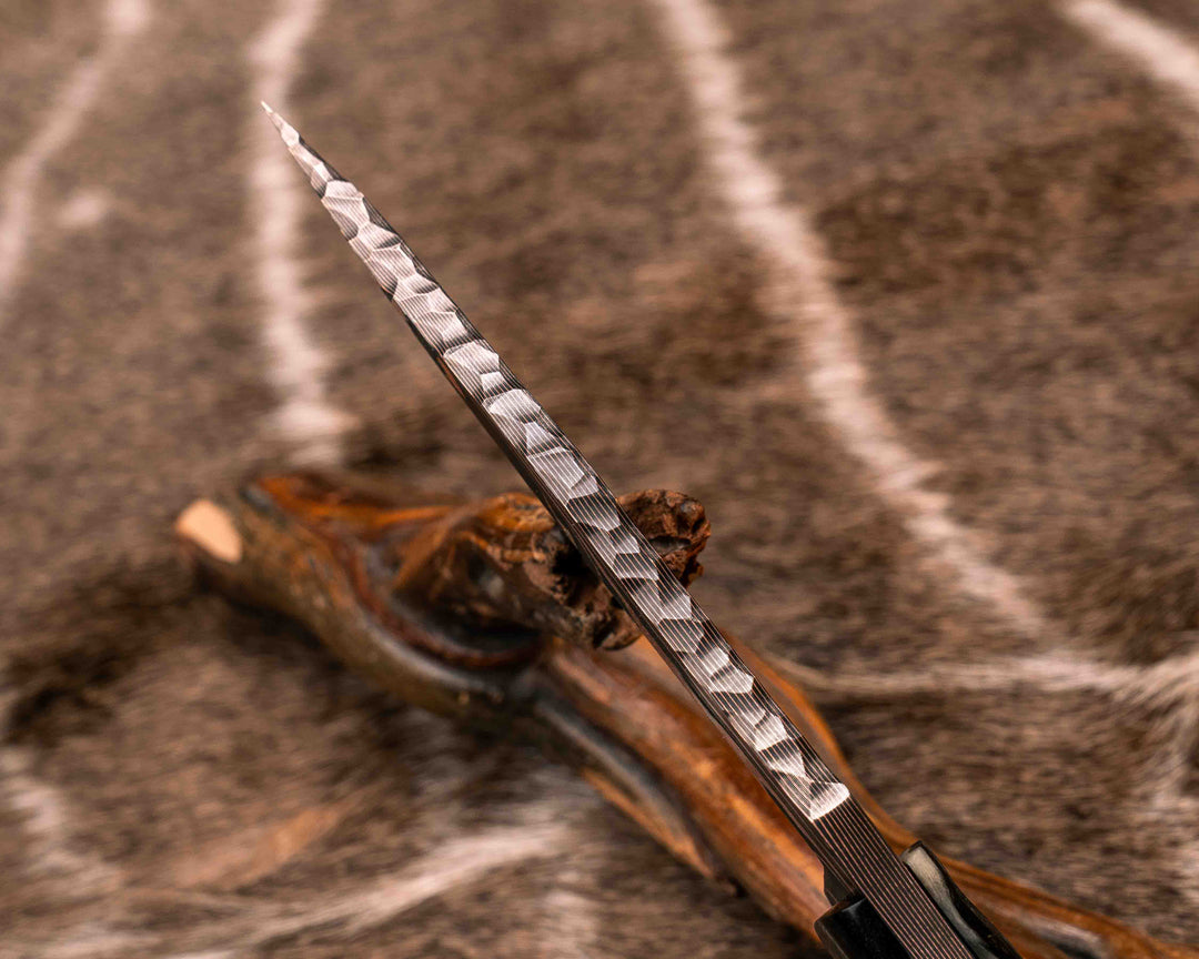 Crow Scout- Vegas Forge Random Patter Copper SanMai- Rams Horn, Mosaic Pins, 3/8" Mosaic Pin, Copper Lanyard Pin, Natural Grip