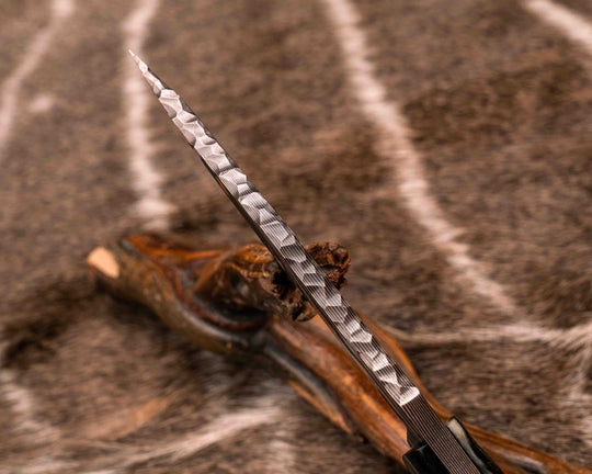 Crow Scout- Vegas Forge Random Patter Copper SanMai- Rams Horn, Mosaic Pins, 3/8" Mosaic Pin, Copper Lanyard Pin, Natural Grip