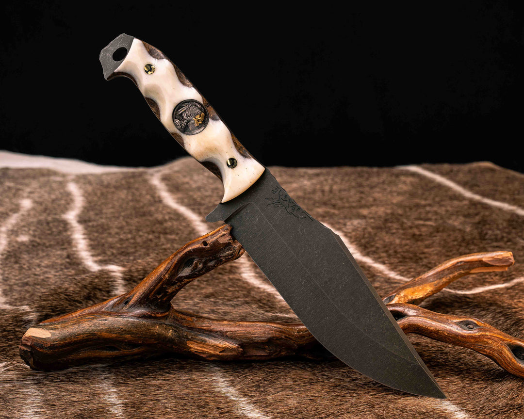 Bowie Jr- Giraffe Bone Over Kitanche, 1937 Half Face Warrior Skull Nickel Inlay, Brass Mosaic Pins, Textured Grip