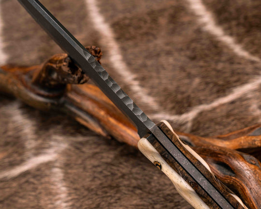 Bowie Jr- Giraffe Bone Over Kitanche, 1937 Half Face Warrior Skull Nickel Inlay, Brass Mosaic Pins, Textured Grip