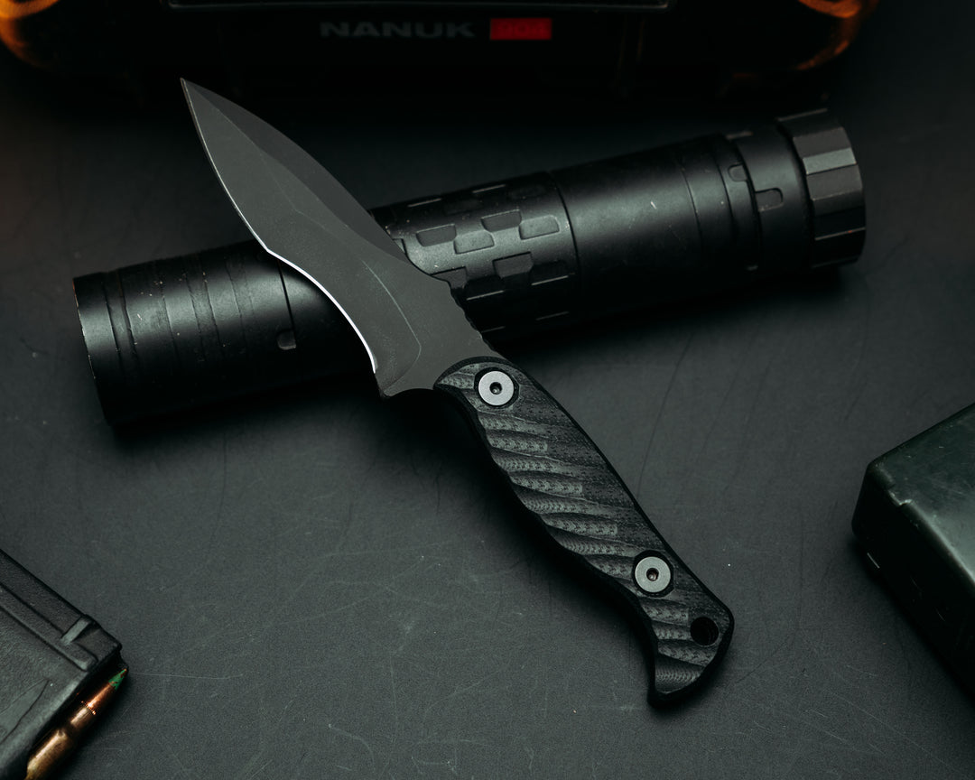 Extremis MK1 - Black G10, Armor Black Cerakote, Allen Bolts, Hollow Lanyard Hole, Iron grip