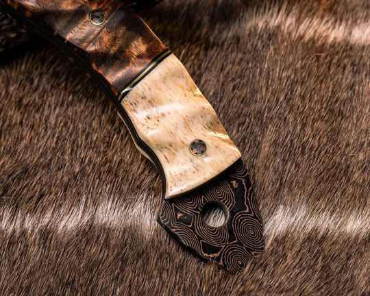 Bleeding Heart Hawk- Baker Forge Raindrop Pattern CopperMai- Giraffe Bone, Black G10 and Brass Pin Striping, Hawaiian Curly Koa, Mosaic Pins, Textured Grip