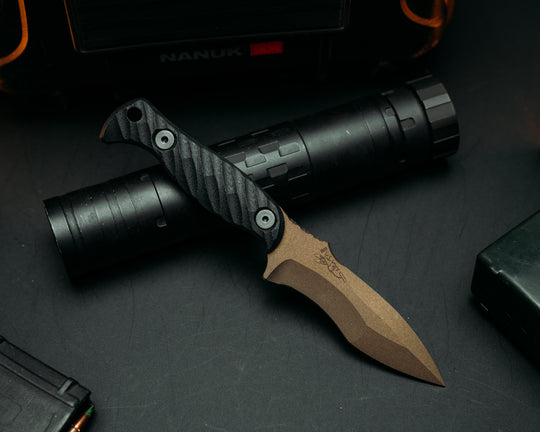 Extremis MK1 - Black G10, Midnight Bronze Cerakote, Allen Bolts, Hollow Lanyard Hole, Iron grip