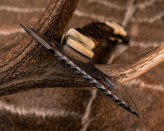 Bleeding Heart Hawk- Baker Forge Raindrop Pattern CopperMai- Giraffe Bone, Black G10 and Brass Pin Striping, Hawaiian Curly Koa, Mosaic Pins, Textured Grip
