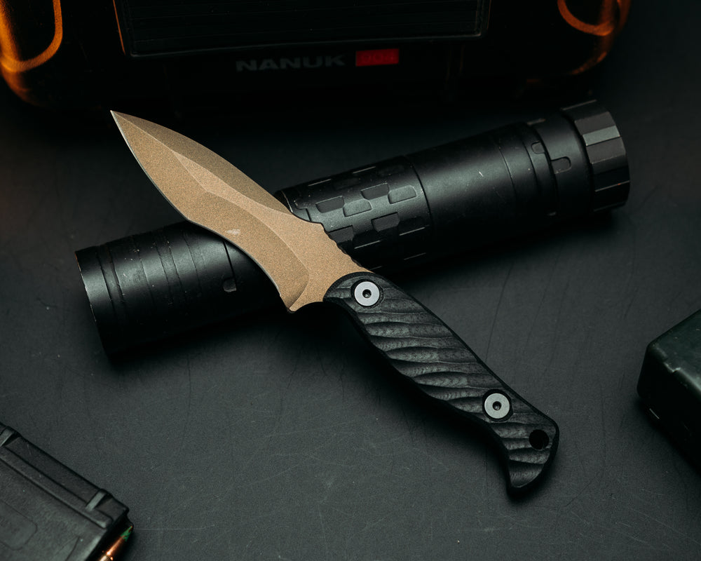 Extremis MK1 - Black G10, Midnight Bronze Cerakote, Allen Bolts, Hollow Lanyard Hole, Iron grip