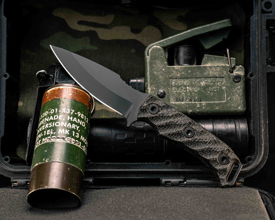Ishi- Black Burlap Micarta, Armor Black Cerakote, Allen Bolts, Textured Grip