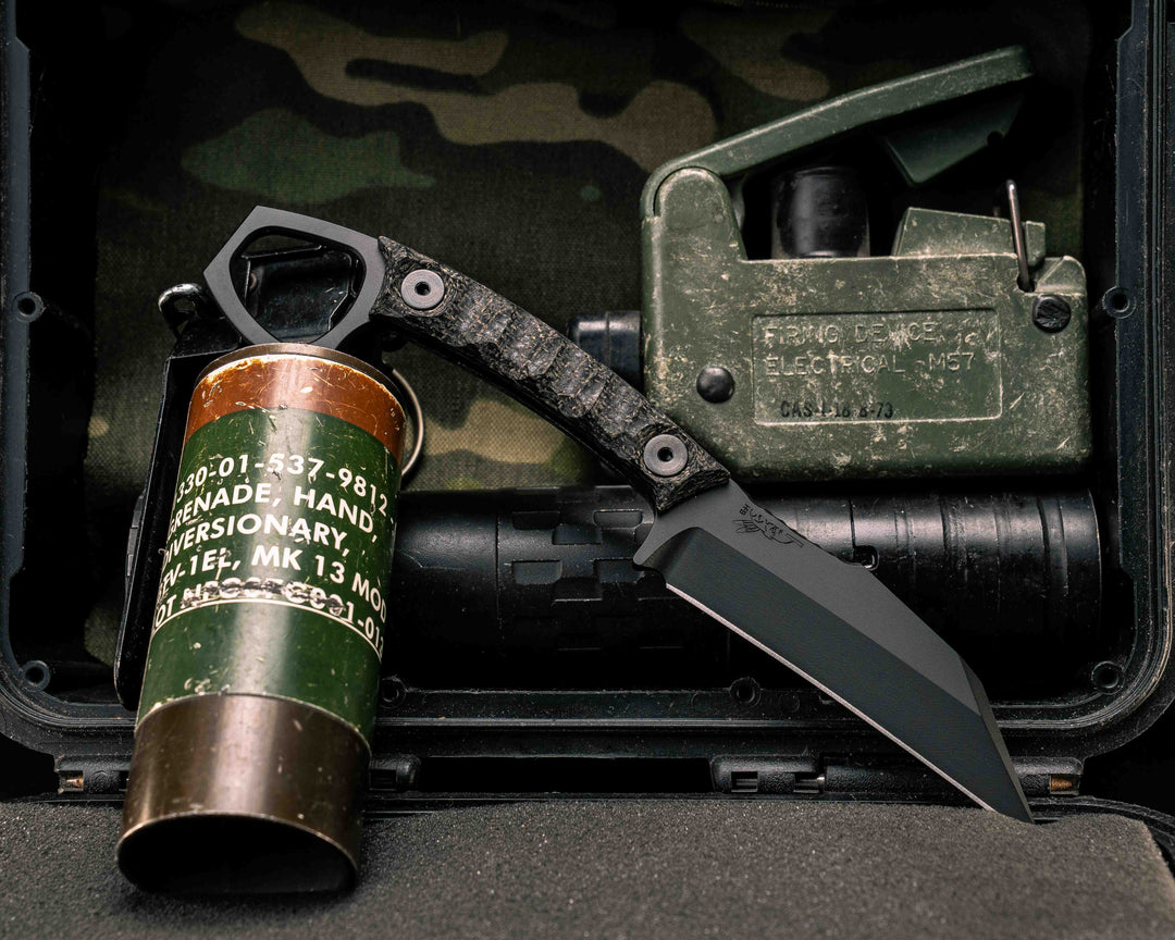 SHPOS- Black Burlap Micarta, Armor Black Cerakote, Allen Bolts, Textured Grip