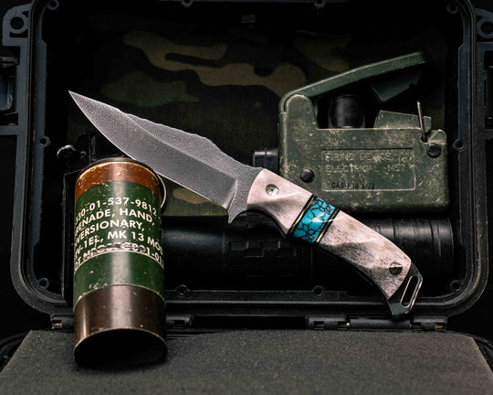 Tosahwi- Elk Antler, Black G10 and Brass Pin Striping, Turquoise with Black Web Tru-stone Split, Mosaic Pins, Textured Grip