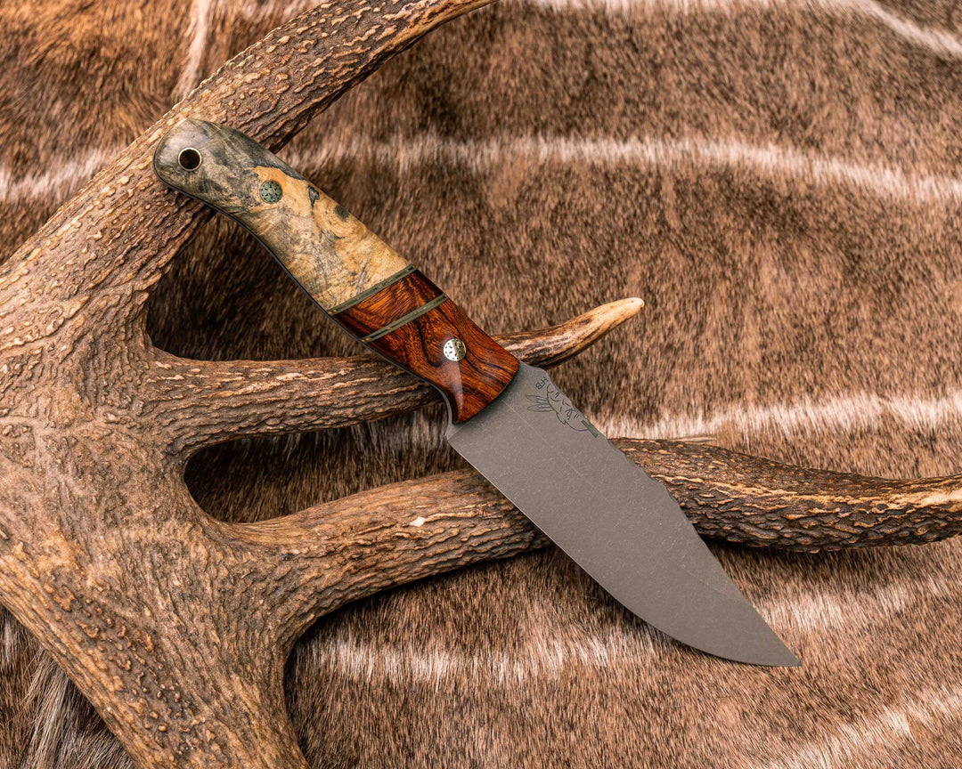 Crow Scout- Desert Ironwood. OD Green G10 and Brass Pin Striping, Desert Ironwood Split, Buckeye Burl, Brass Mosaic Pins, Brass Lanyard Pin, Textured Grip